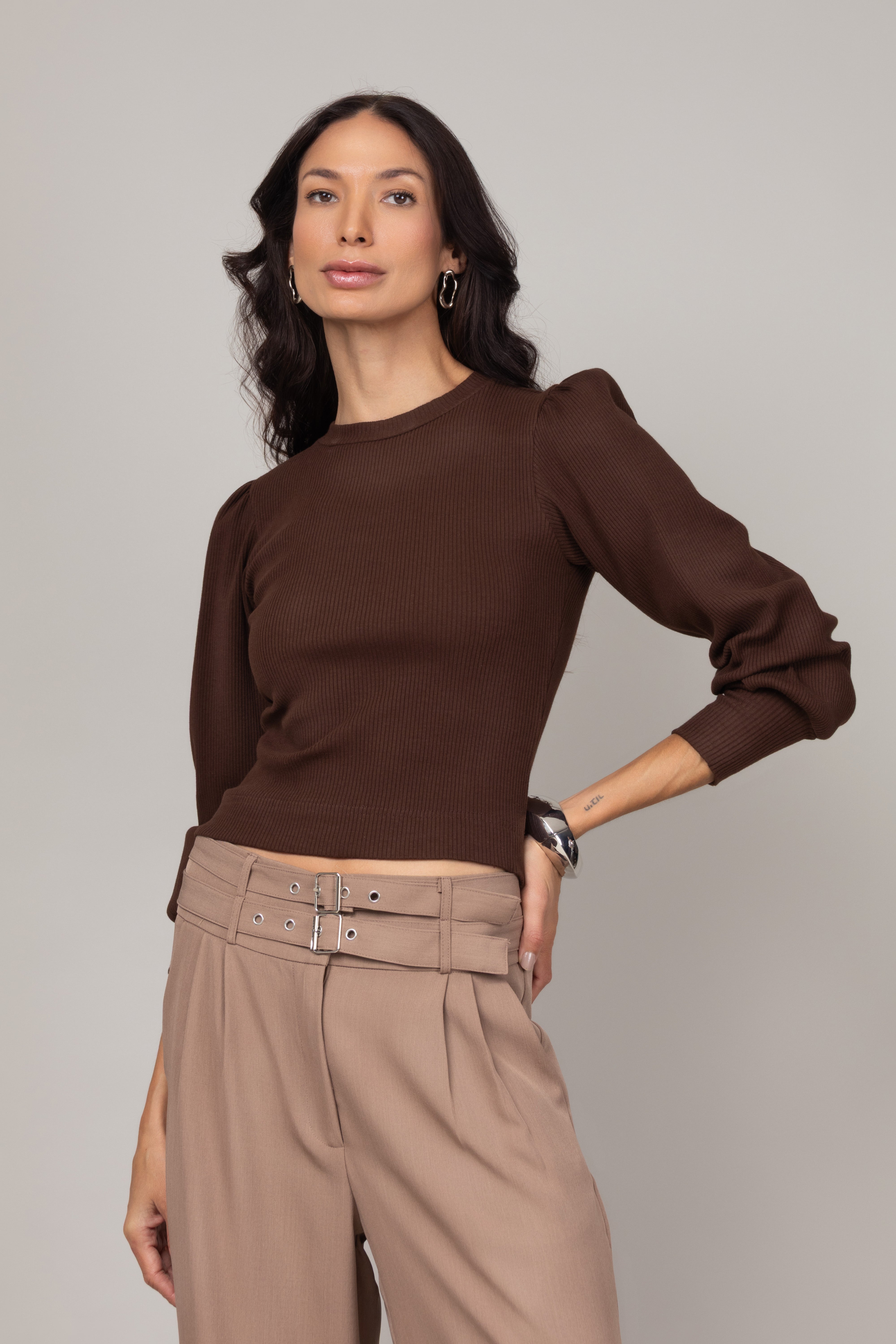 Blusa Canelada de Manga Longa