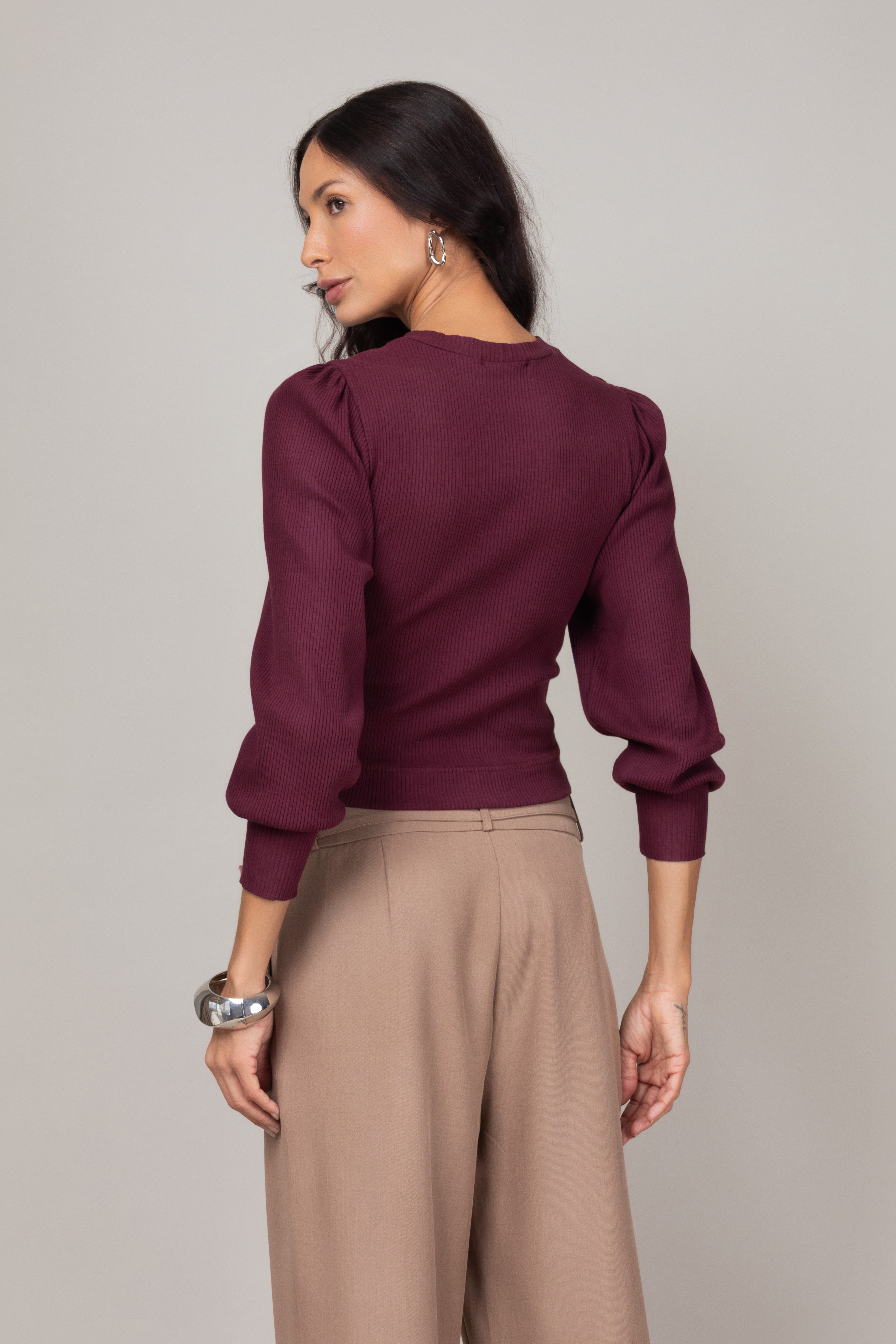 Blusa Canelada de Manga Longa